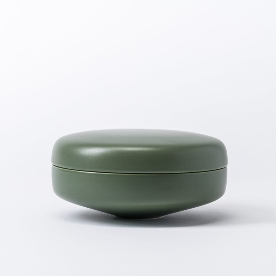 Large Elm Green Lidded Box - Wide Pebble Ceramic Jar